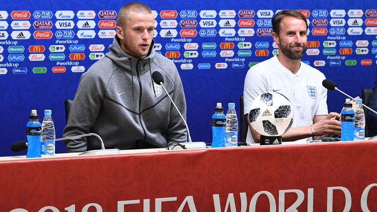 England coach Gareth Southgate (R) and midfielder Eric Dier attend a press conference on the eve of the Russia 2018 World Cup Group G football match v Belgium at the Kaliningrad stadium on June 27, 2018 in Kaliningrad