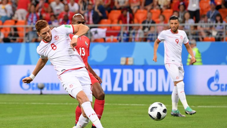 Fakhreddine Ben Youssef of Tunisia scores his team's first goal to level the match 1-1 during the 2018 FIFA World Cup Russia group G match between Panama and Tunisia at Mordovia Arena on June 28, 2018 in Saransk, Russia. 