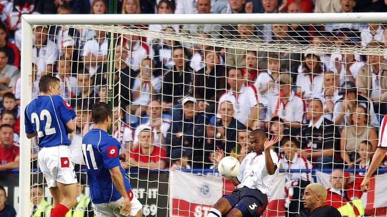 Serbia & Montenegro's Nenad Kovacevic scores against England in Leicester in 2003