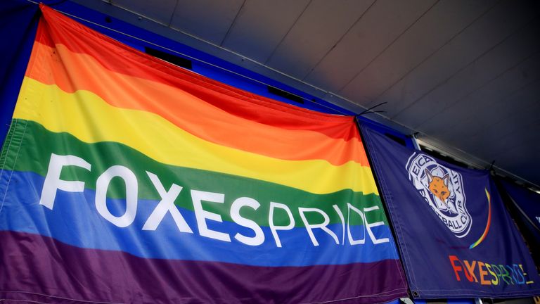 A Leicester City Foxes Pride rainbow flag in the stands during the Premier League match at the King Power Stadium, Leicester. PRESS ASSOCIATION Photo. Picture date: Saturday November 18, 2017. See PA story SOCCER Leicester. Photo credit should read: Mike Egerton/PA Wire. RESTRICTIONS: EDITORIAL USE ONLY No use with unauthorised audio, video, data, fixture lists, club/league logos or "live" services. Online in-match use limited to 75 images, no video emulation. No use in betting, games or single club/league/player publications.