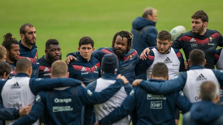 The France team in a huddle during a training session