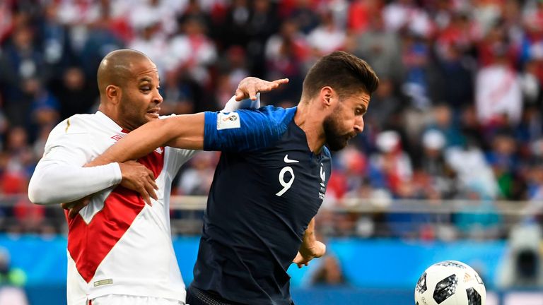 Olivier Giroud in action for France against Peru at the 2018 World Cup