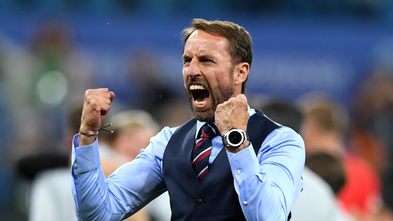 Gareth Southgate celebrates England's 2-1 over Tunisia