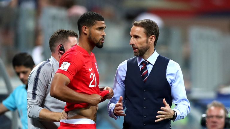 Gareth Southgate and Ruben Loftus-Cheek during the 2018 FIFA World Cup Russia group G match between Tunisia and England at Volgograd Arena on June 18, 2018 in Volgograd, Russia.
