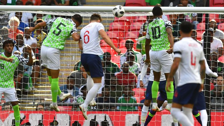 Gary Cahill scores England's opening goal in the friendly against Nigeria