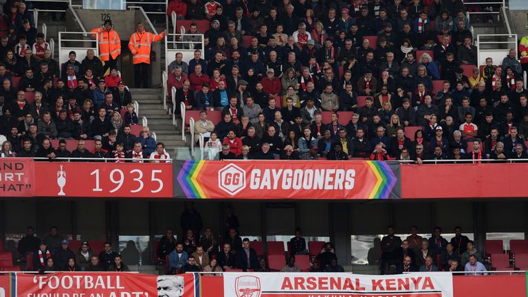 The Gay Gooners banner is seen during the Premier League match between Arsenal and Swansea City at Emirates Stadium on October 28, 2017 in London, England.