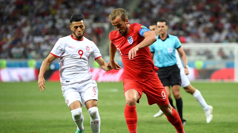 Harry Kane and Anice Badri in action during the 2018 FIFA World Cup, group G match between Tunisia and England at Volgograd Arena on June 18, 2018