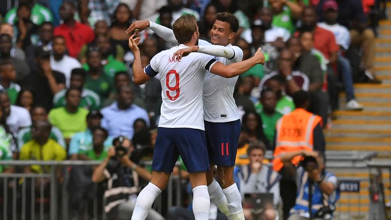 Harry Kane celebrates  with Dele Alli in England's match against Nigeria at Wembley