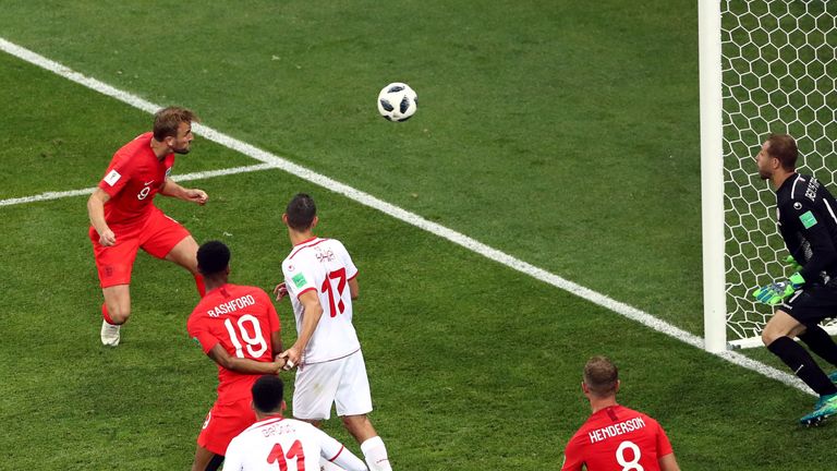 Harry Kane heads England's winner during the FIFA World Cup, Group G match against Tunisia