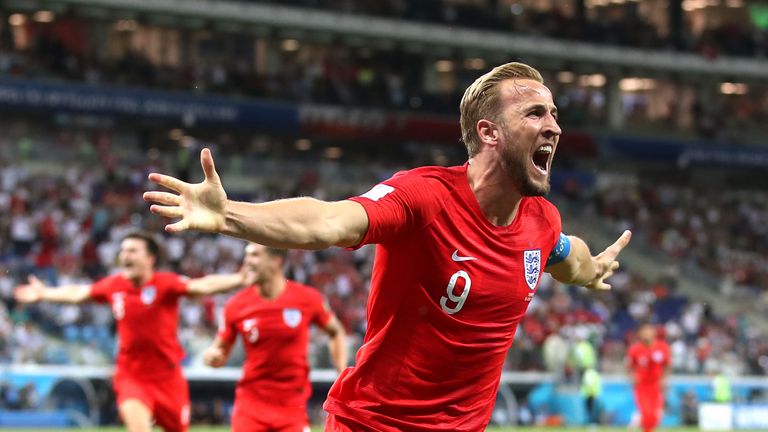 Harry Kane celebrates scoring England's winning goal against Tunisia in Volgograd