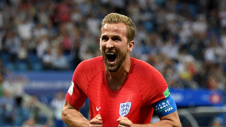 VOLGOGRAD, RUSSIA - JUNE 18:  Harry Kane of England celebrates after scoring his team&#39;s second goal during the 2018 FIFA World Cup Russia group G match between Tunisia and England at Volgograd Arena on June 18, 2018 in Volgograd, Russia.  (Photo by Matthias Hangst/Getty Images)