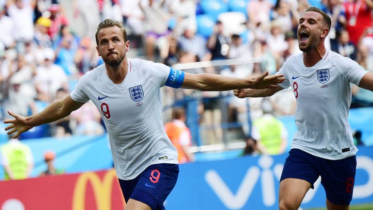 Harry Kane celebrates his second and England's fifth goal