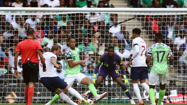 Harry Kane scores England's second goal in the friendly against Nigeria