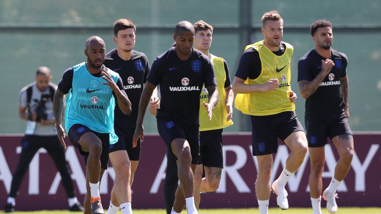 England's (left-right) Fabian Delph, Harry Maguire, Ashley Young, John Stones, Jamie Vardy and Kyle Walker during the training session at the Spartak Zelenogorsk Stadium, Zelenogorsk. PRESS ASSOCIATION Photo. Picture date: Thursday June 14, 2018. See PA story WORLDCUP England. Photo credit should read: Owen Humphreys/PA Wire. RESTRICTIONS: Editorial use only. No commercial use. No use with any unofficial 3rd party logos. No manipulation of images. No video emulation