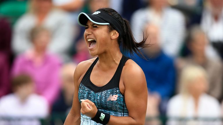 Heather Watson of Great Britain celebrates winning a point during her first round match against Danielle Lao of The USA on Day Four of the Nature Valley Open at Nottingham Tennis Centre on June 12, 2018 in Nottingham, United Kingdom.