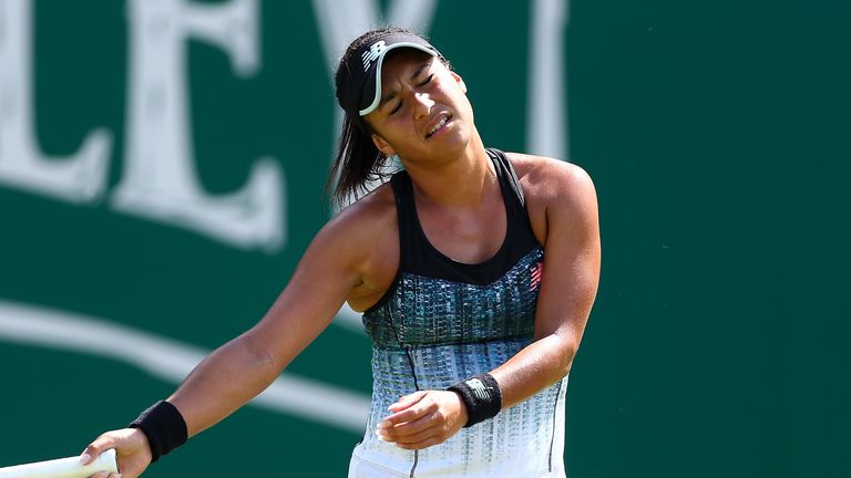 Heather Watson of Great Britain reacts during her first round match against Lesia Tsurenko of Ukraine on Day Four of the Nature Valley Classic at Edgbaston Priory Club on June 19, 2018 in Birmingham, United Kingdom.