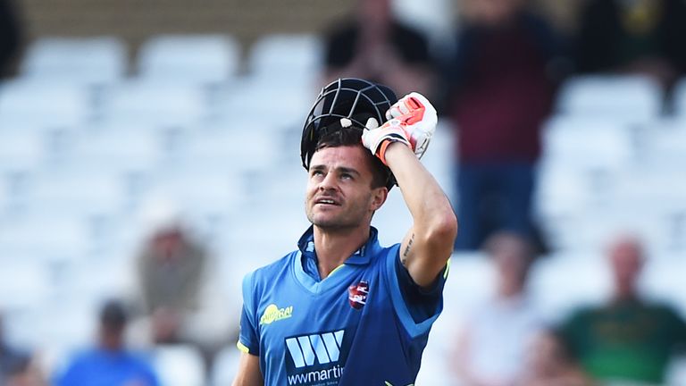 NOTTINGHAM, ENGLAND - JUNE 14: Heino Kuhn of Kent looks to the sky after scoring 100 runs during the Royal London One-Day Cup match between Nottinghamshire Outlaws and Kent Spitfires at Trent Bridge on June 14, 2018 in Nottingham, England. (Photo by Nathan Stirk/Getty Images)