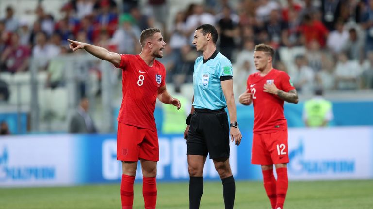 Jordan Henderson speaks to the referee during the 2018 FIFA World Cup Russia group G match between Tunisia and England at Volgograd Arena on June 18, 2018.