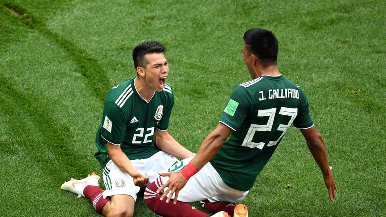 Hirving Lozano celebrates his goal with Jesus Gallardo