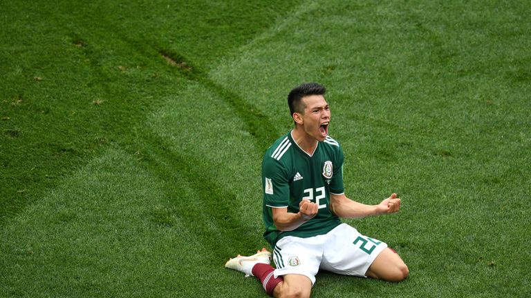 Hirving Lozano slides on his knees in celebration after giving Mexico the lead