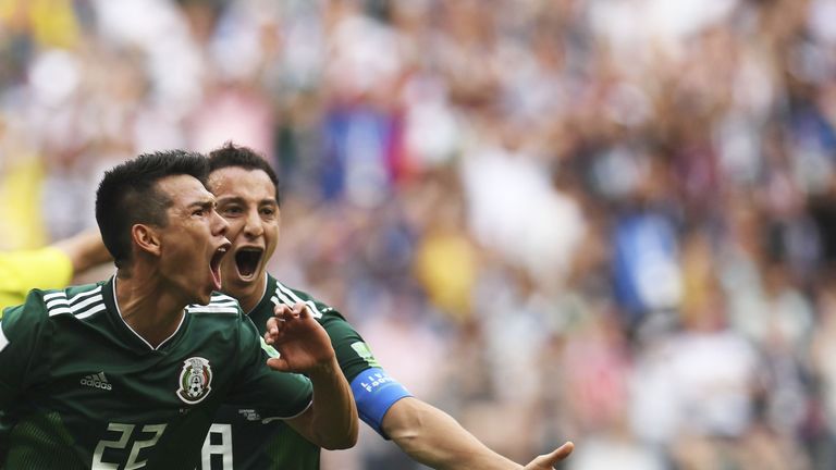 Hirving Lozano celebrates after scoring during the group F football match between Germany and Mexico
