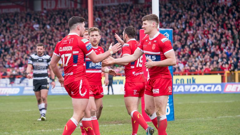 Ryan Shaw celebrates scoring a try for Hull KR