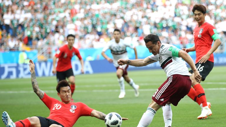 Hyun-Soo Jang concedes the penalty that Carlos Vela scored for Mexico