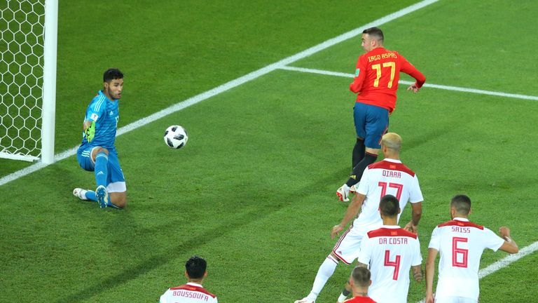 Aspas scores during the 2018 FIFA World Cup Russia group B match between Spain and Morocco at Kaliningrad Stadium on June 25, 2018 in Kaliningrad, Russia.