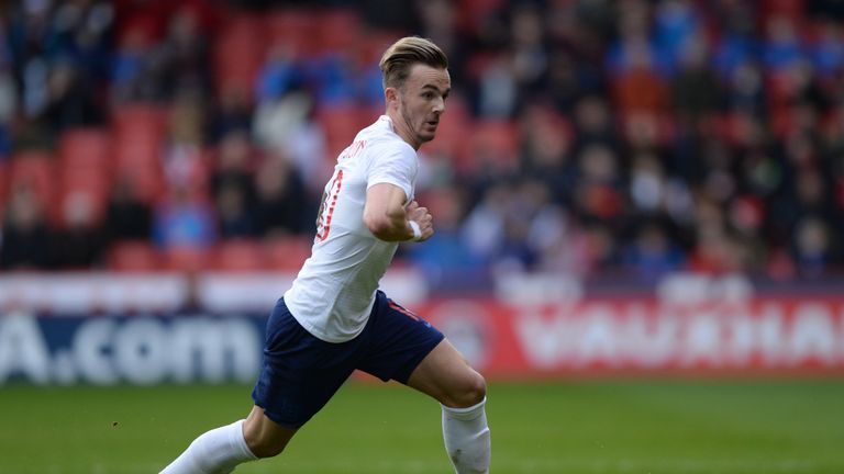 James Maddison of England U21 in action during the U21 European Championship Qualifier match between England U21 and Ukraine U21 at Bramell Lane on March 27, 2018 in Sheffield, England. (Photo by Nathan Stirk/Getty Images)    