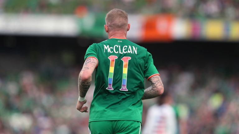 James McClean of the Republic of Ireland wears a shirt with rainbow numbers to mark Pride month during the international friendly against the United States of America in Dublin