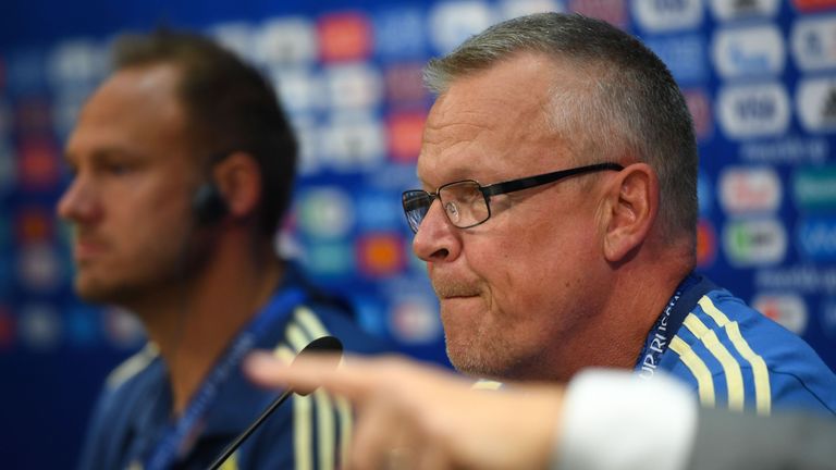 Sweden's defender Andreas Granqvist (L) and Sweden's coach Janne Andersson attend a press conference at the Nizhny Novgorod Stadium in Nizhny Novgorod on June 17, 2018 on the eve of the Russia 2018 World Cup Group F football match between Sweden and South Korea