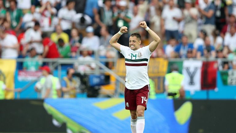 Javier Hernandez celebrates scoring Mexico's second goal against South Korea