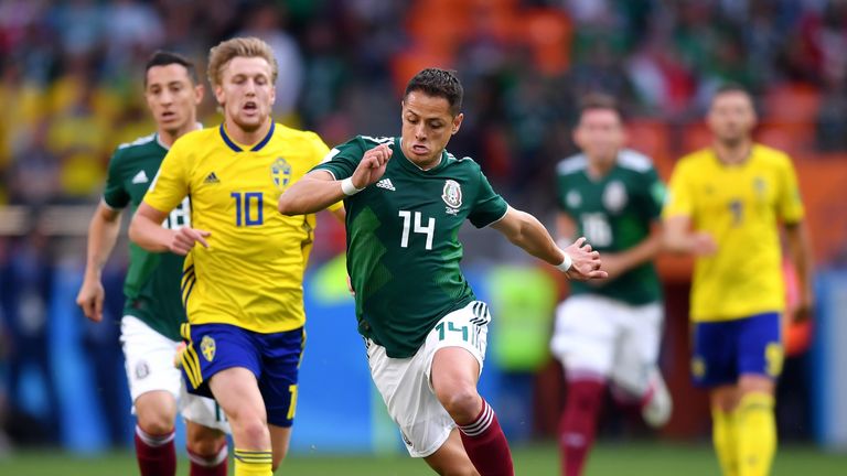 Mexico's Javier Hernandez in possession during group F match against Sweden