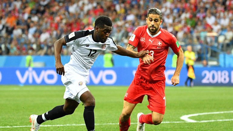 Costa Rica's forward Joel Campbell (L) vies for the ball with Switzerland's defender Ricardo Rodriguez during the Russia 2018 World Cup Group E football match at the Nizhny Novgorod Stadium in Nizhny Novgorod on June 27, 2018