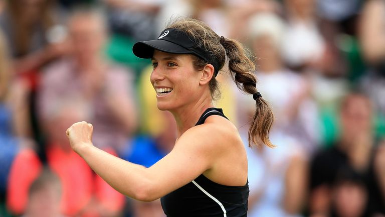 Johanna Konta of Great Britain celebrates winning a point during her doubles match on Day Three of the Nature Valley Open at Nottingham Tennis Centre on June 11, 2018 in Nottingham, United Kingdom