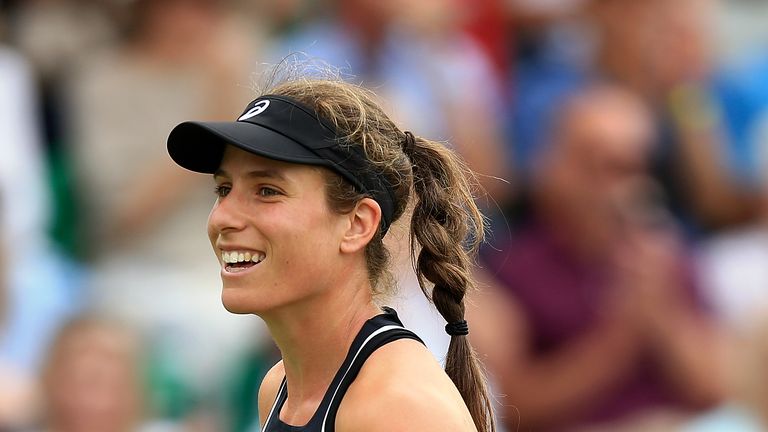 Johanna Konta of Great Britain looks on during her doubles match on Day Three of the Nature Valley Open at Nottingham Tennis Centre on June 11, 2018 in Nottingham, United Kingdom.
