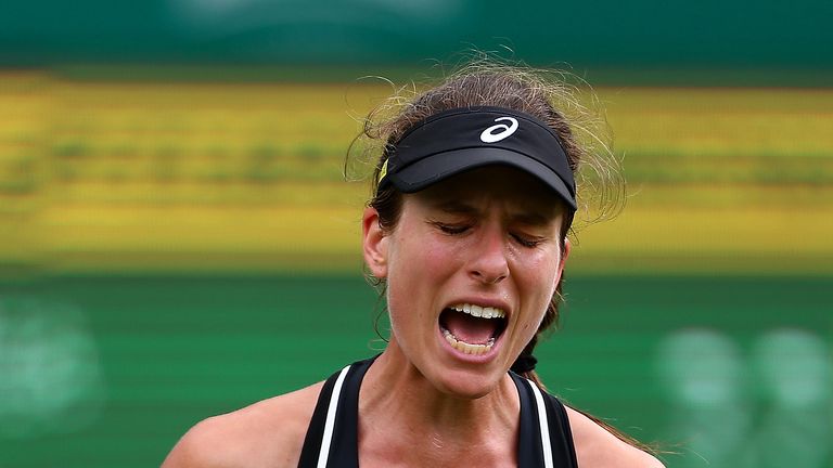 Johanna Konta of Great Britain celebrates winning a point during her first round match against Petra Kvitova of The Czech Rupublic on Day Four of the Nature Valley Classic at Edgbaston Priory Club on June 19, 2018 in Birmingham, United Kingdom.