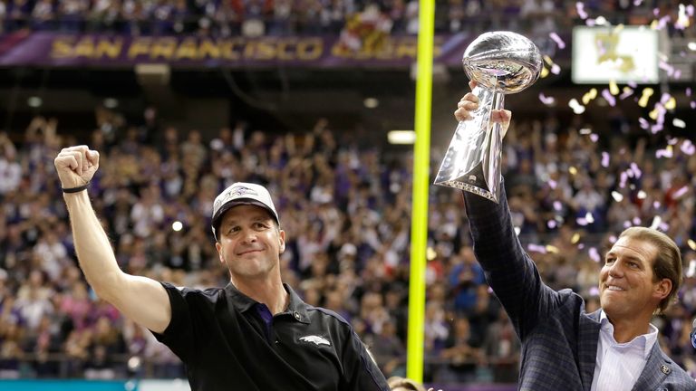 John Harbaugh and Steve Bisciotti during Super Bowl XLVII at the Mercedes-Benz Superdome on February 3, 2013 in New Orleans, Louisiana.