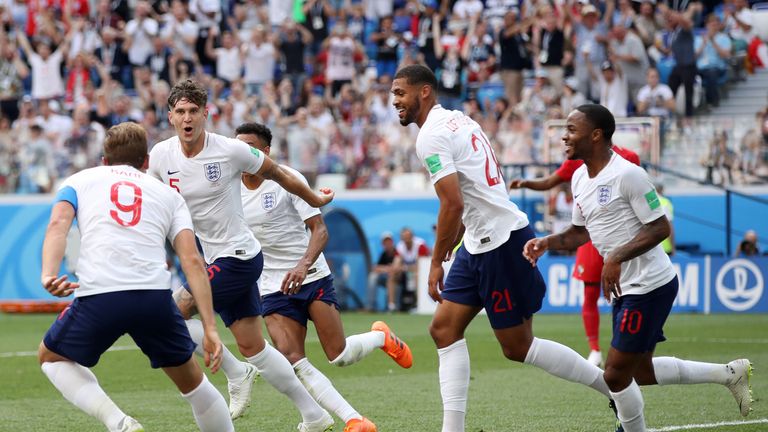John Stones celebrates after scoring England's fourth goal of the game