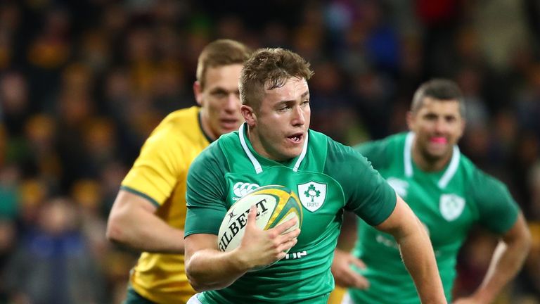 Ireland's Jordan Larmour  on the attack against Australia