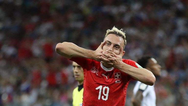 Josip Drmic of Switzerland celebrates after scoring his team's second goal during the 2018 FIFA World Cup Russia group E match between Switzerland and Costa Rica at Nizhny Novgorod Stadium on June 27, 2018