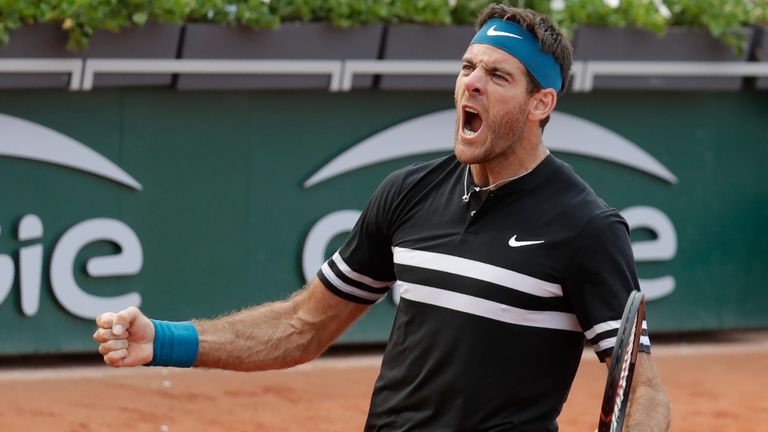 Argentina's Juan Martin del Potro celebrates after victory against John Isner of the US during their men's singles fourth round match on day nine of The Roland Garros 2018 French Open tennis tournament in Paris on June 4, 2018. 
