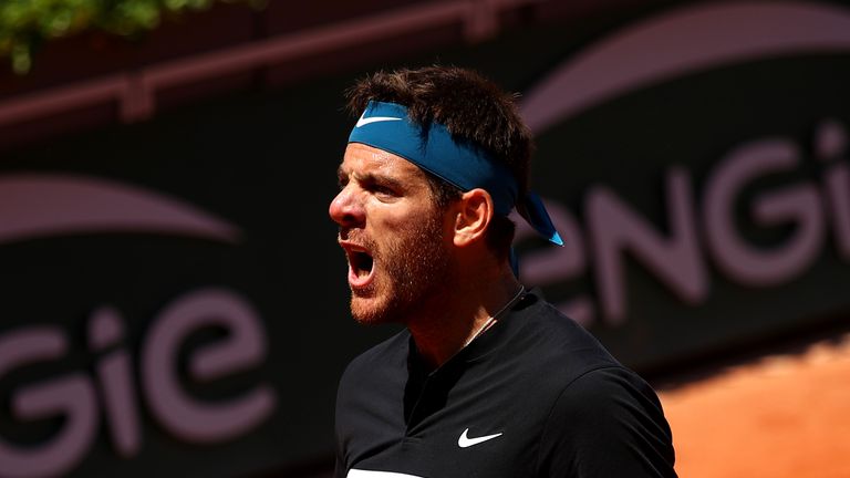 Juan Martin del Potro of Argentina celebrates during the mens singles quarter finals match against Marin Cilic of Croatia during day twelve of the 2018 French Open at Roland Garros on June 7, 2018 in Paris, France.