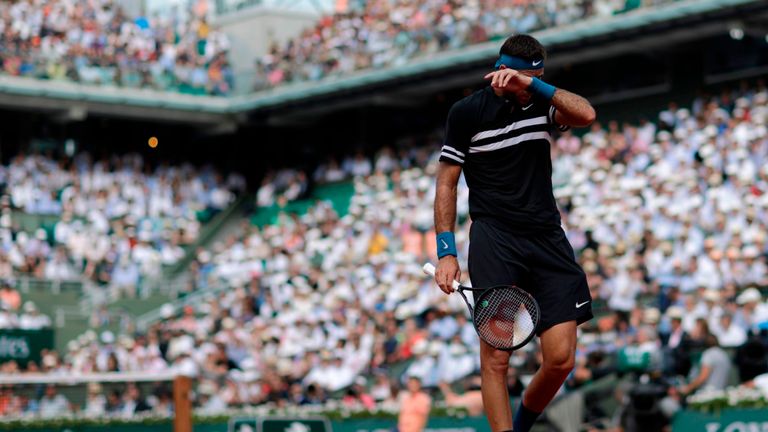Argentina's Juan Martin del Potro reacts during his men's singles semi-final match against Spain's Rafael Nadal on day thirteen of The Roland Garros 2018 French Open tennis tournament in Paris on June 8, 2018
