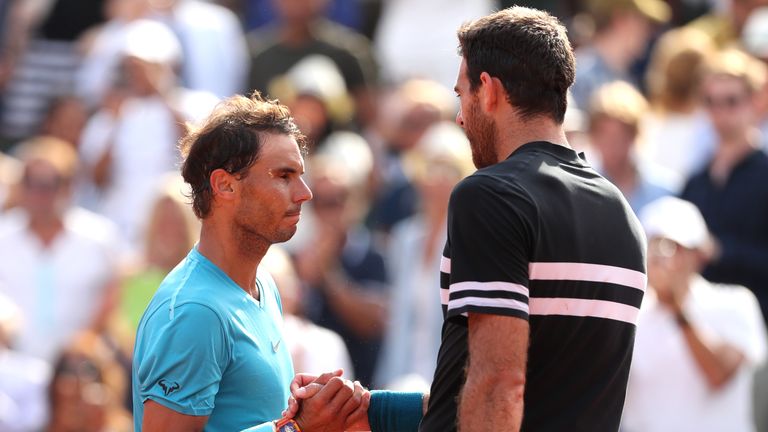 Juan Martin del Potro of Argentina congratulates Rafael Nadal of Spain on victory in the mens singles semi-final match during day thirteen of the 2018 French Open at Roland Garros on June 8, 2018 in Paris, France. 