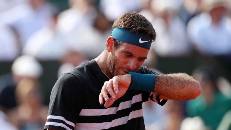 Juan Martin del Potro of Argentina looks dejected during the mens singles semi-final match against Rafael Nadal of Spain during day thirteen of the 2018 French Open at Roland Garros on June 8, 2018 in Paris, France.