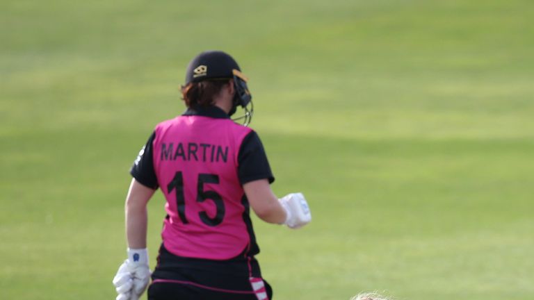 TAUNTON, ENGLAND - JUNE 23: Katherine Brunt of England celebrates the wicket of Sophie Devine of New Zealand during the International T20 Tri-Series match between England Women and New Zealand Women at The Cooper Associates County Ground on June 23, 2018 in Taunton, England. (Photo by Julian Herbert/Getty Images)
