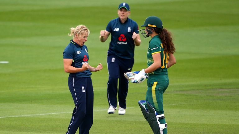  Katherine Brunt of England celebrates after taking the wicket of Laura Wolvaardt of South Africa during the ICC Women's Championship 2nd ODI match between England Women and South Africa Women at The 1st Central County Ground on June 12, 2018 in Hove, England