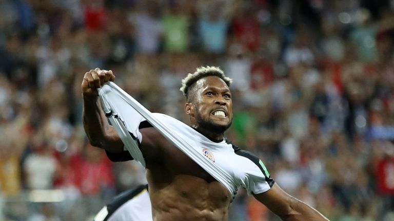 Kendall Waston of Costa Rica celebrates scoring his sides opening goal to make the score 1-1 during the 2018 FIFA World Cup Russia group E match between Switzerland and Costa Rica at Nizhny Novgorod Stadium on June 27, 2018