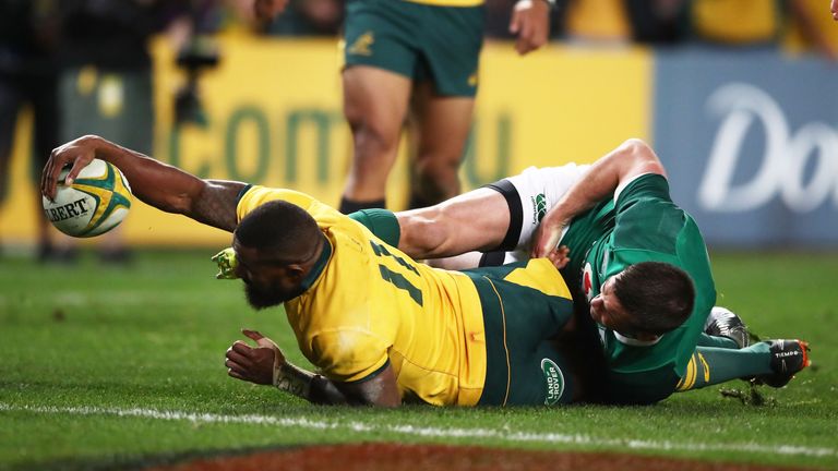 Marika Koroibete stretched out to score a try and bring the Wallabies back into the game 